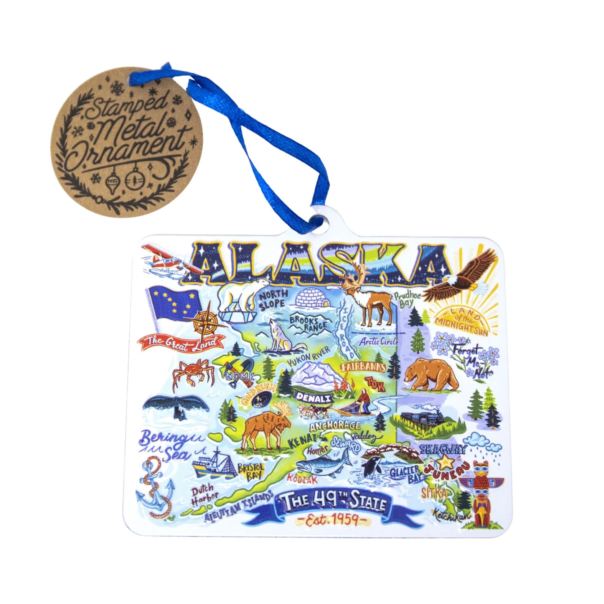 Colorful Alaska-themed metal ornament with a blue ribbon on a white background