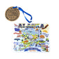 Colorful Alaska-themed metal ornament with a blue ribbon on a white background
