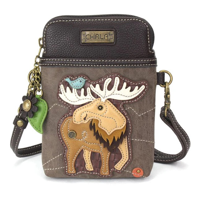 Brown crossbody bag with moose design and 'Chala' branding on a white background