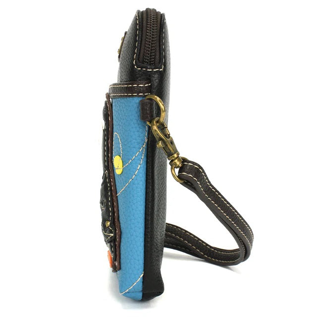 Small blue phone crossbody bag with a black strap on a white background