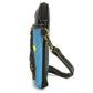 Small blue phone crossbody bag with a black strap on a white background