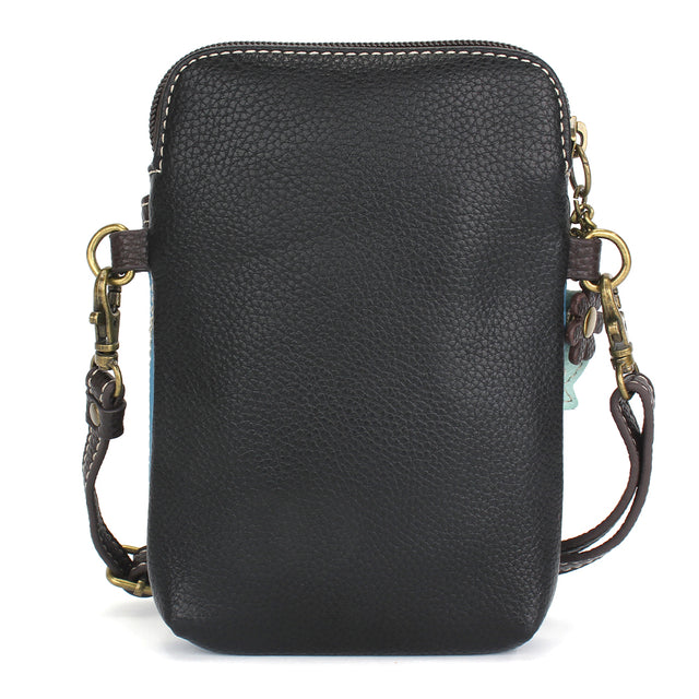 Black leather crossbody bag with straps on a white background