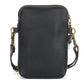 Black leather crossbody bag with straps on a white background