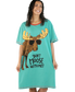 Woman wearing a teal nightshirt with a moose graphic and text on a white background