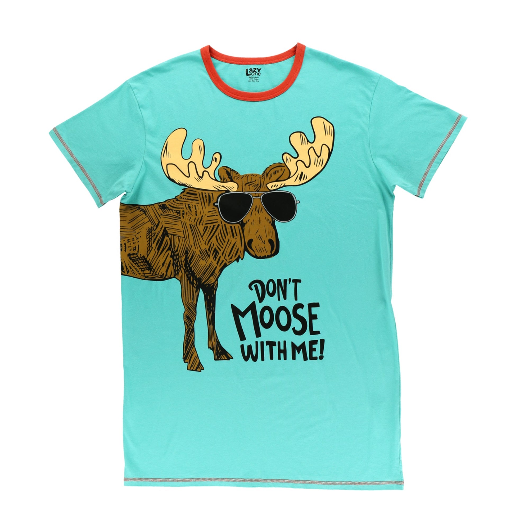 Nightshirt with a moose graphic and text on a light blue background