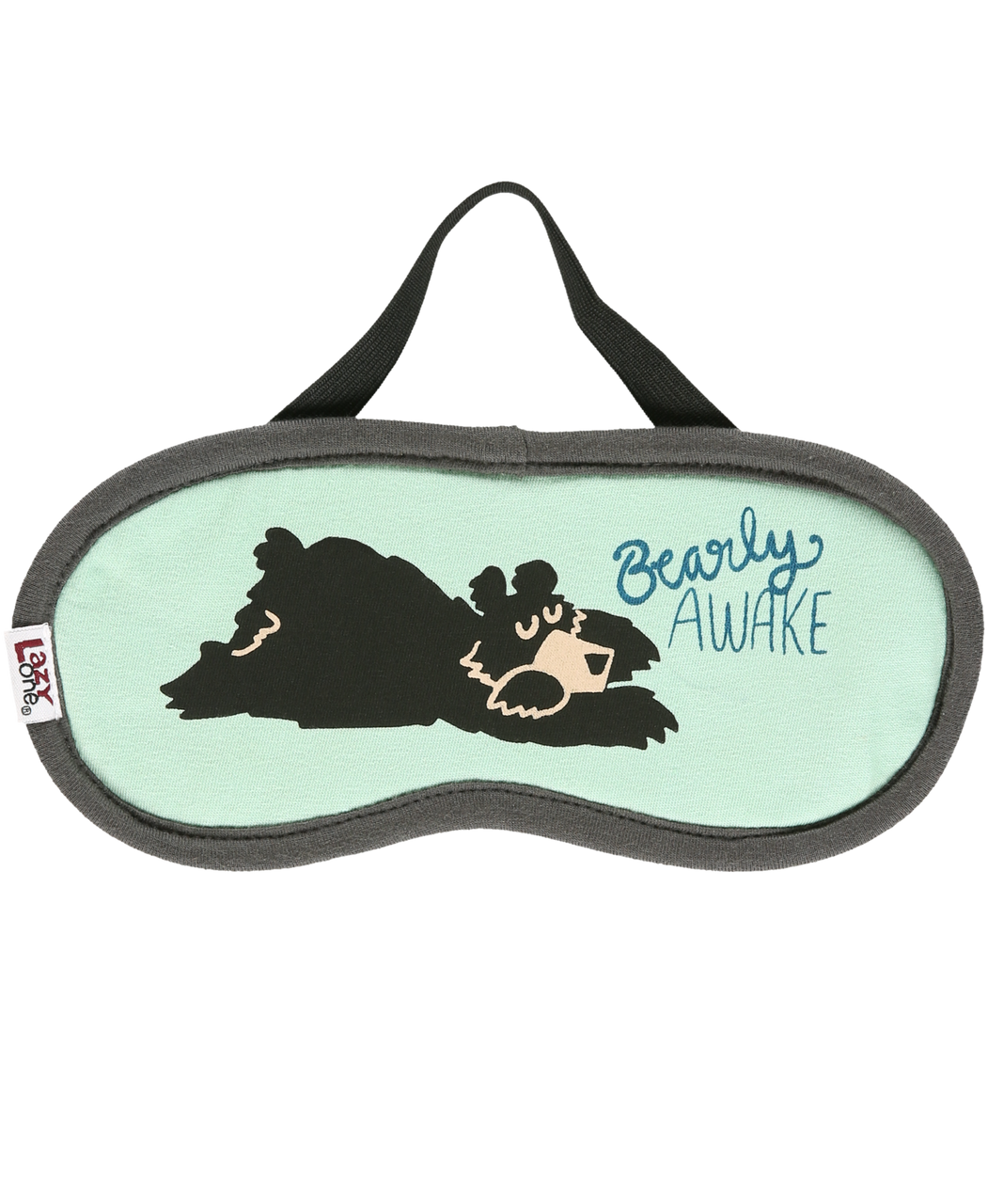 Sleep mask with bear design and 'Bearly Awake' text on a light green background