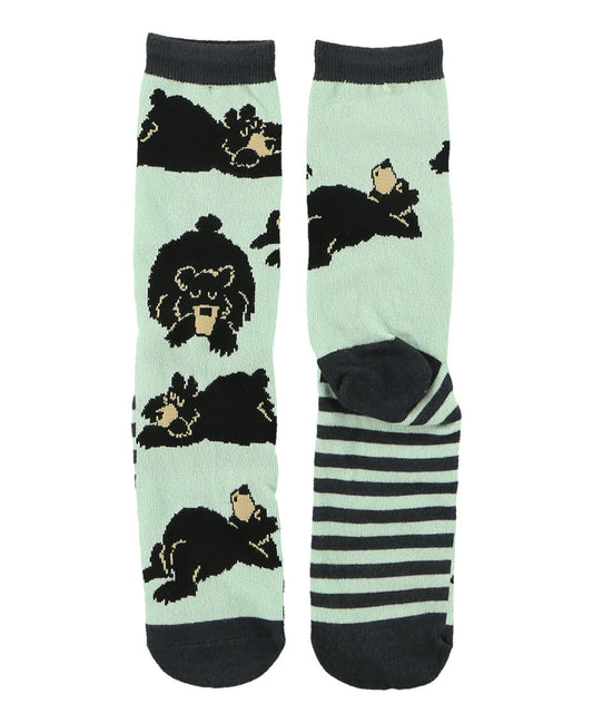 Two socks with bear illustrations on a light green background