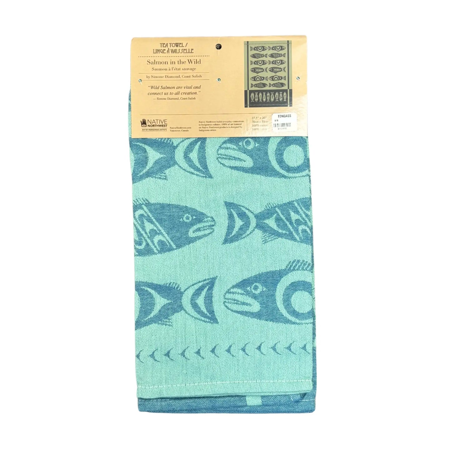 Back of tea towel with fish pattern and packaging