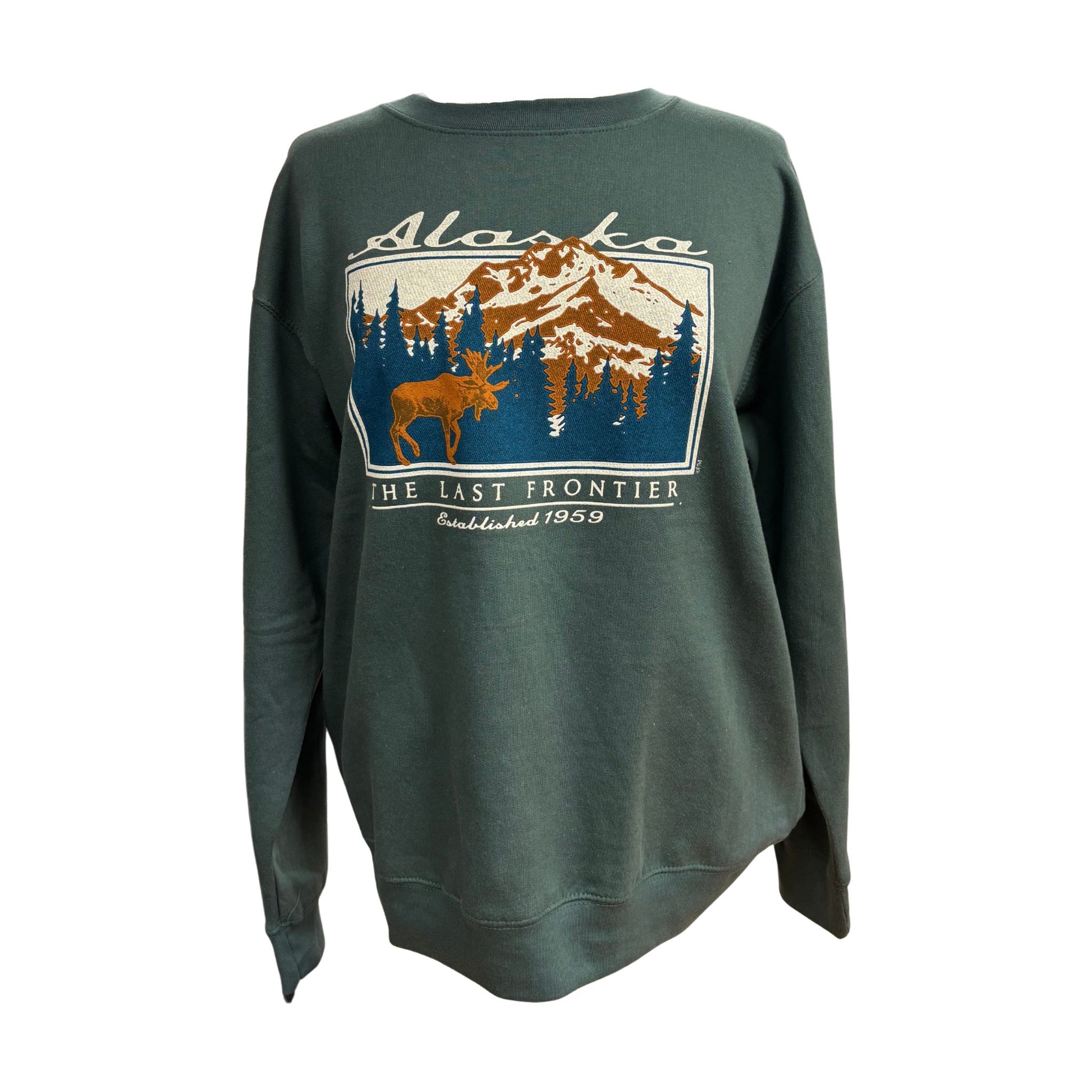 Green sweatshirt with Alaska graphic design on a white background