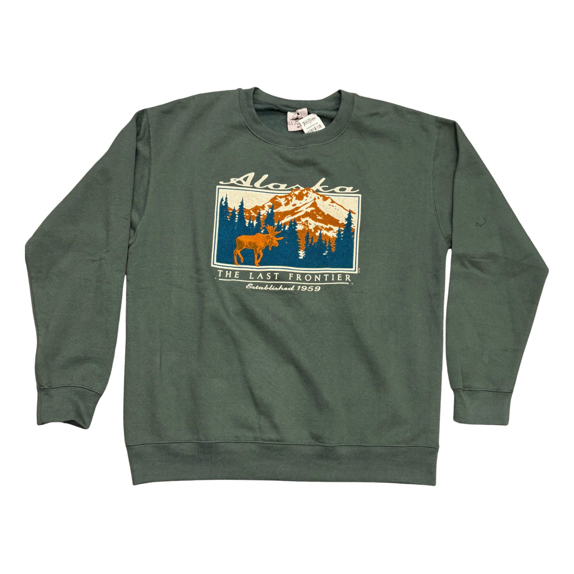 Green sweatshirt with Alaska graphic design on a white background