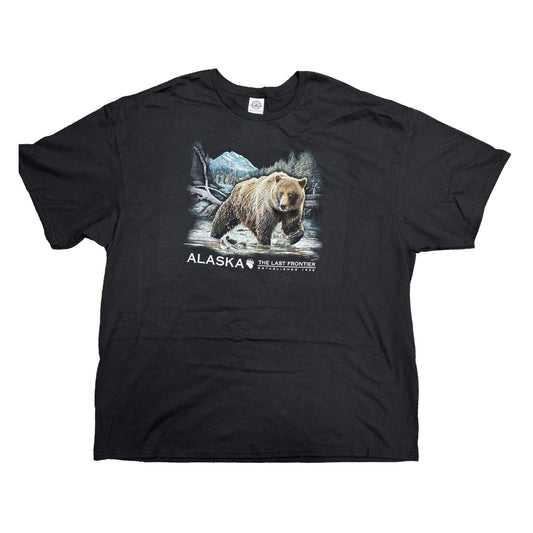 Black t-shirt with a bear graphic and 'Alaska The Last Frontier' text