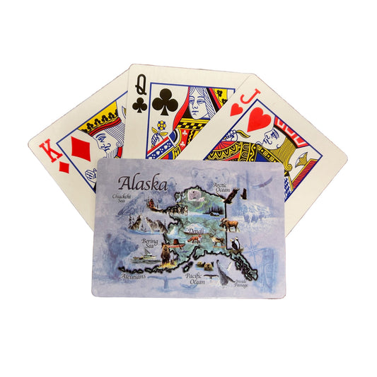 Playing cards with Alaska-themed map 