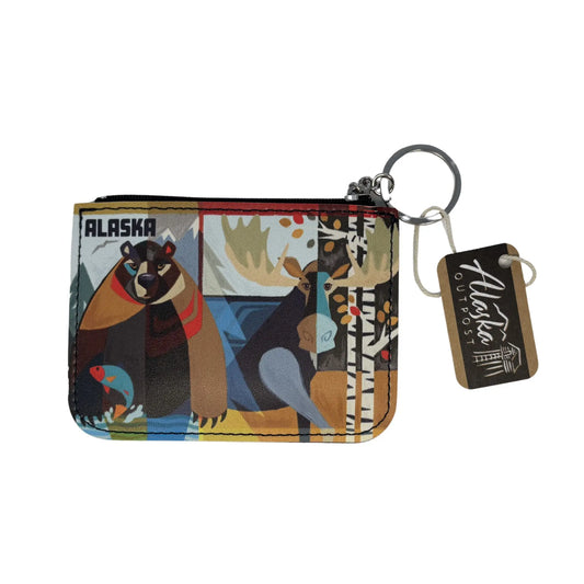 Small wallet with bear design and 'Alaska' text, attached to a keychain