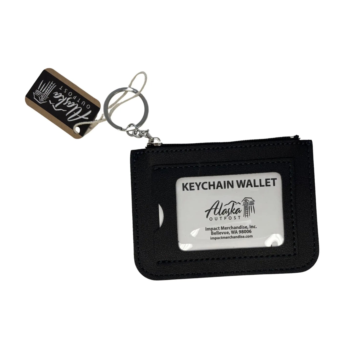 Black keychain wallet with clear window and Alaska Outfitters branding 