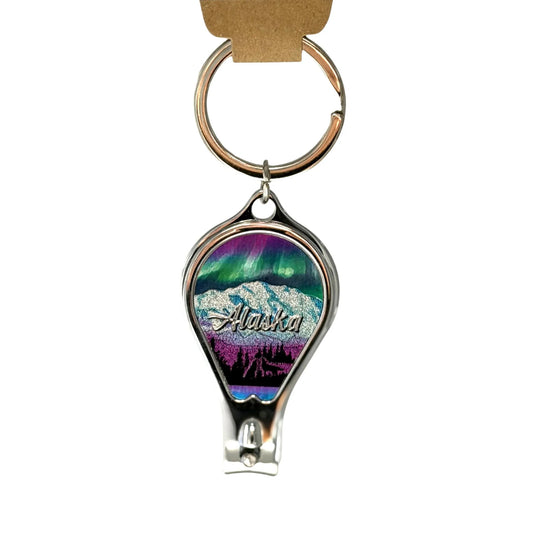 Keychain with Northern Lights design and 'Alaska' text on a white background