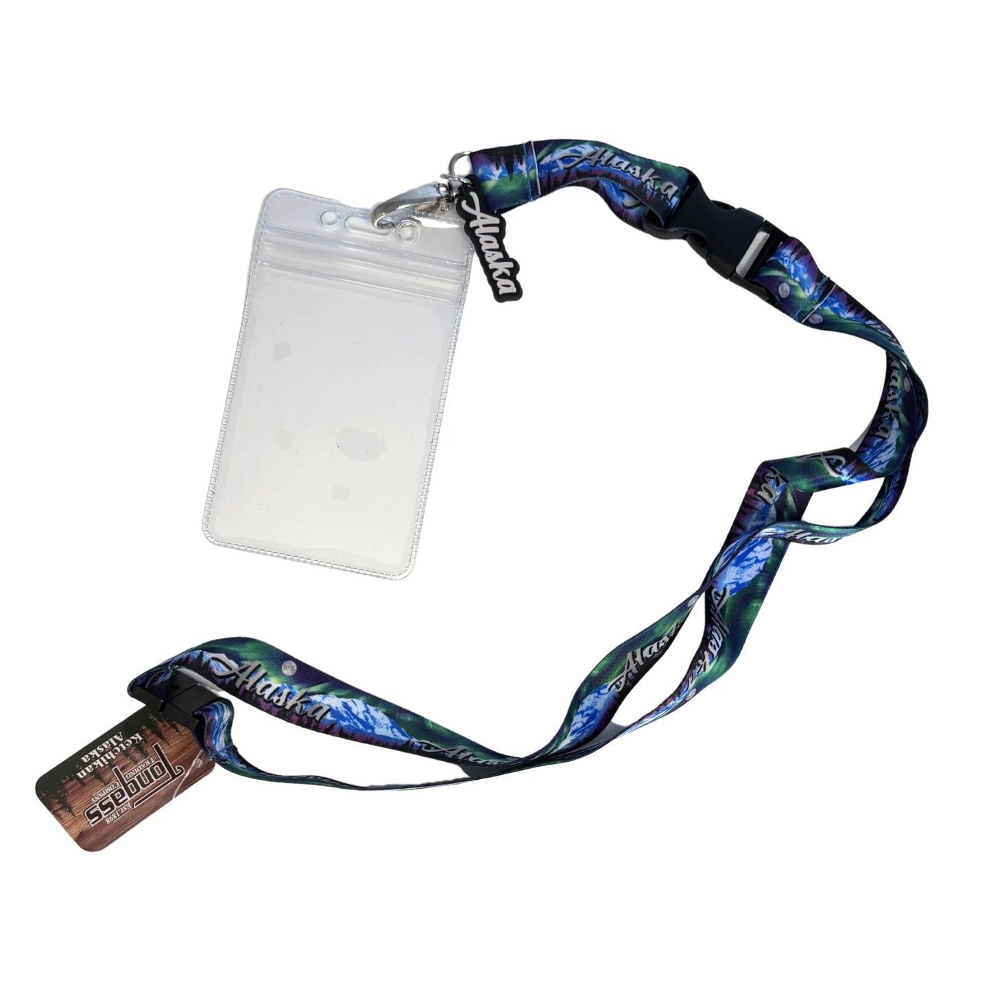 Lanyard with a colorful design and attached badge holder 
