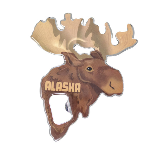 Moose-shaped bottle opener with 'Alaska' text on a white background