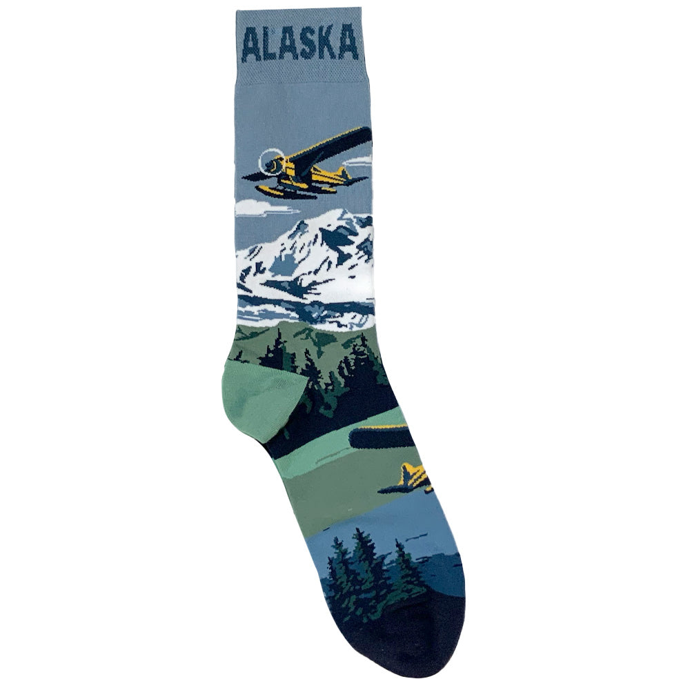 Sock with Alaska design featuring a plane and mountains on a blue background