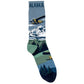 Sock with Alaska design featuring a plane and mountains on a blue background