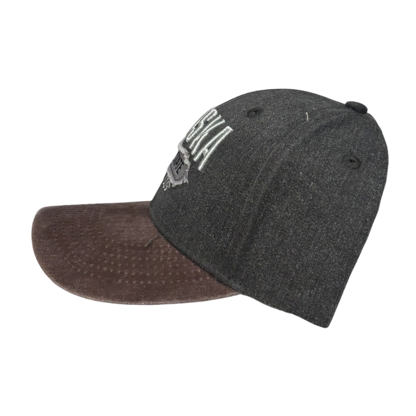 Two-tone cap with brown visor and dark gray bill 
