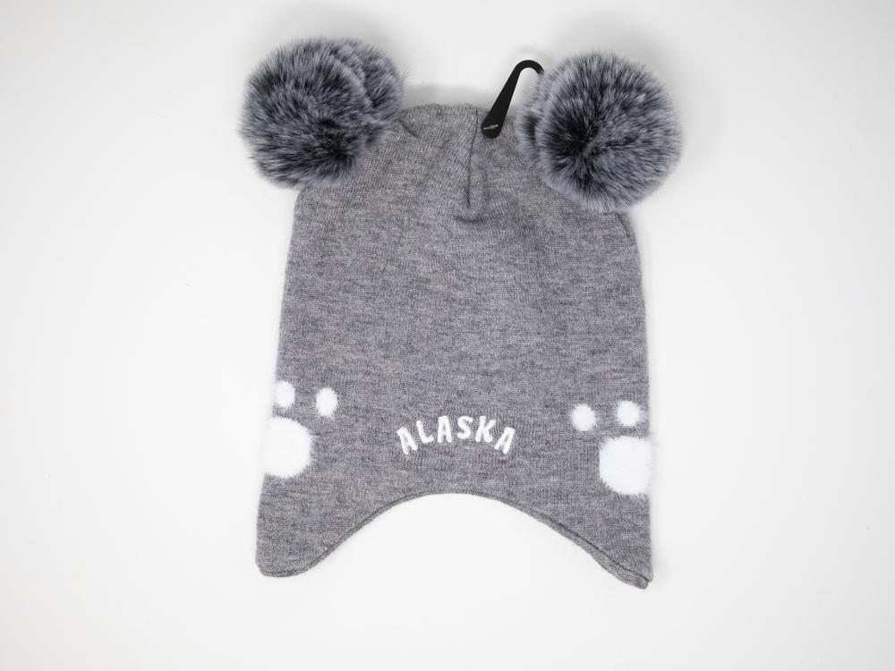 Gray children's hat with pom-poms and 'Alaska' text on a white background