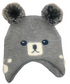 Gray knit baby hat with bear face design and pom-pom ears on a white background