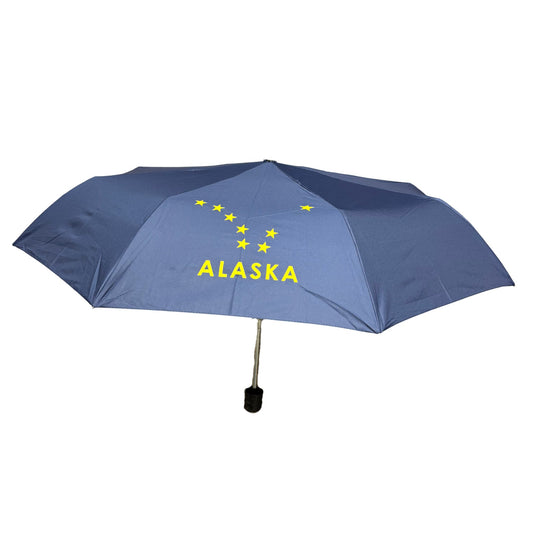 Navy umbrella with yellow 'Alaska' text and star design on a white background