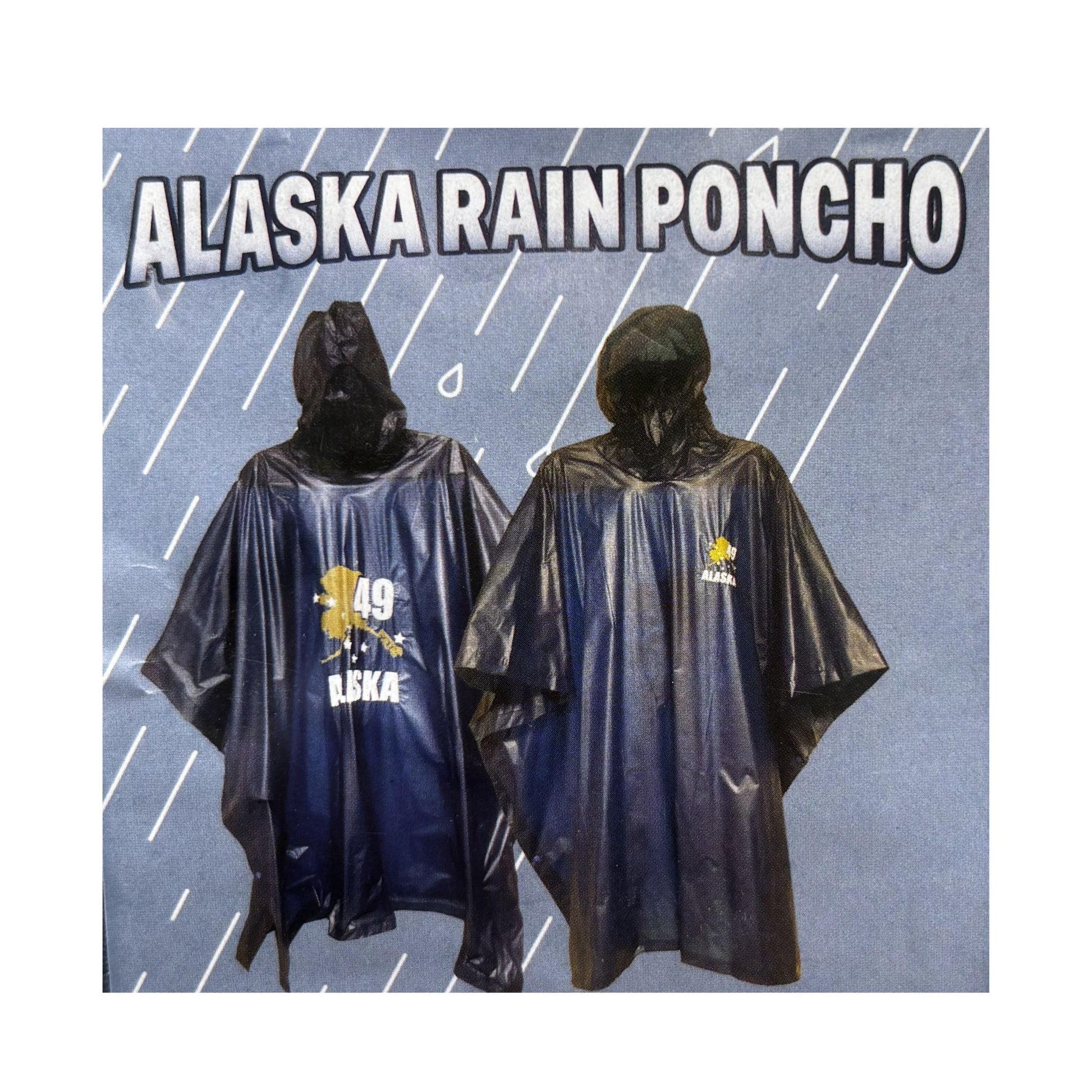 Two Alaska rain ponchos on a background with raindrops and 'Alaska Rain Poncho' text.