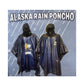 Two Alaska rain ponchos on a background with raindrops and 'Alaska Rain Poncho' text.