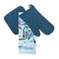 Set of blue oven mitt, potholder, and towel with Alaska design