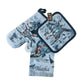 Set of blue oven mitt, potholder, and towel with Alaska design