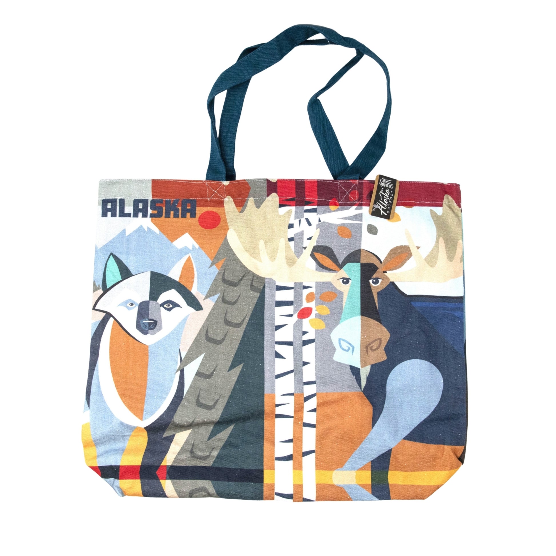 Tote bag with animal illustrations and 'Alaska' text on a white background
