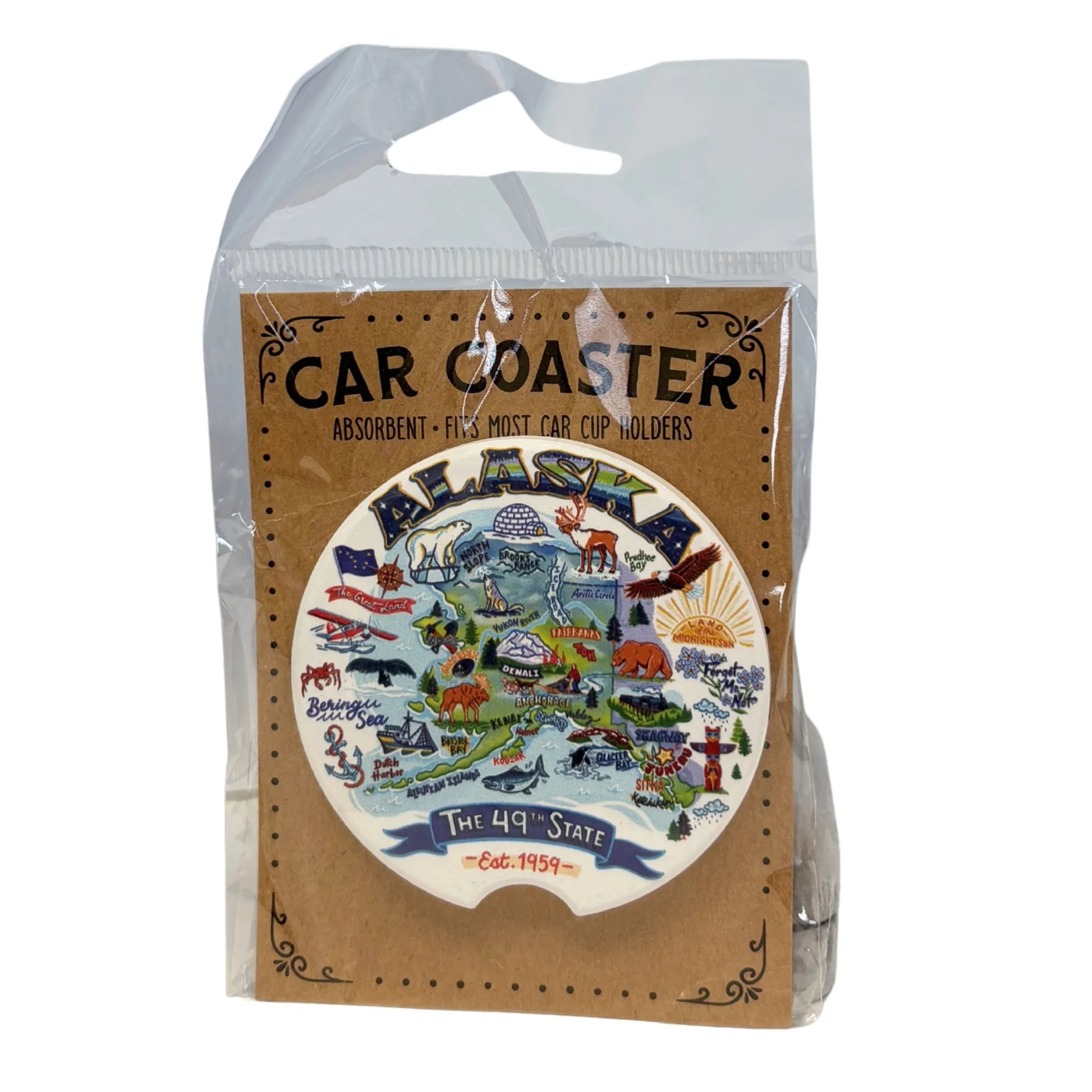 Car coaster with Alaska-themed design in packaging