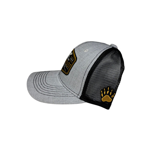 Gray and black cap with a logo on a white background