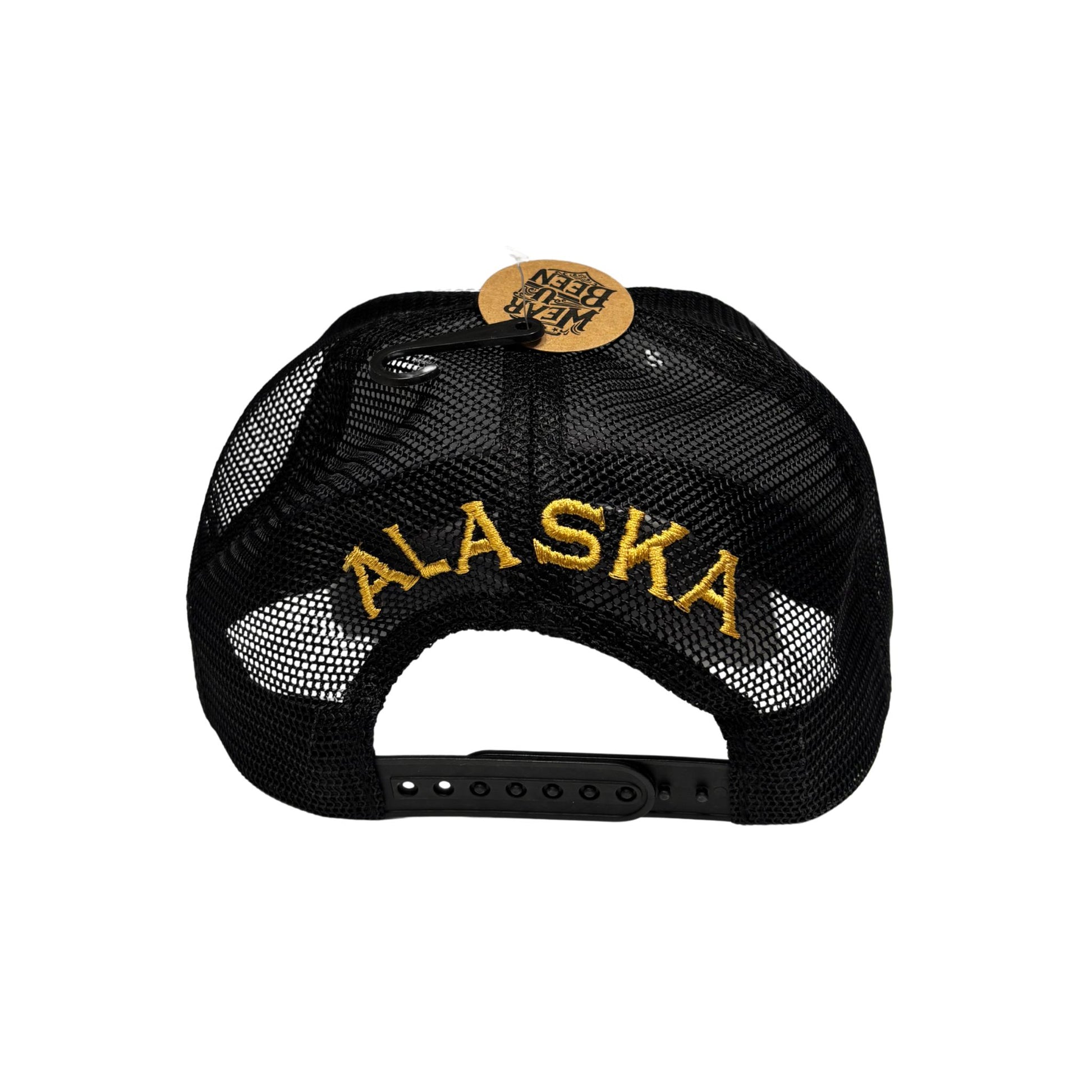 Black mesh cap with 'Alaska' embroidered on it