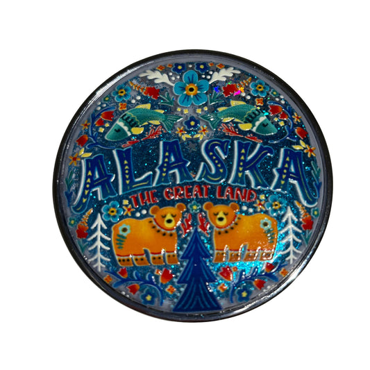 Compact mirror with 'Alaska the Great Land' text and bear design 