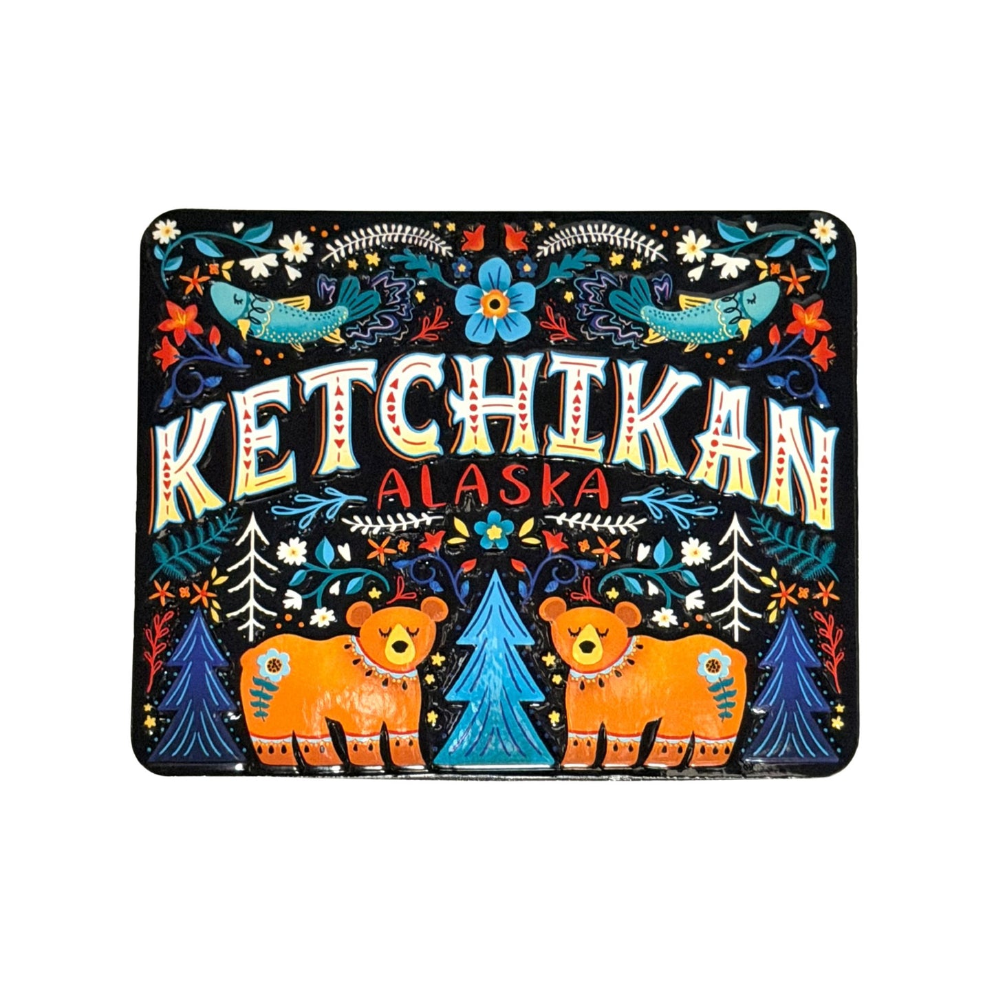 Ketchikan Alaska Magnet with folk art of bears and nature elements
