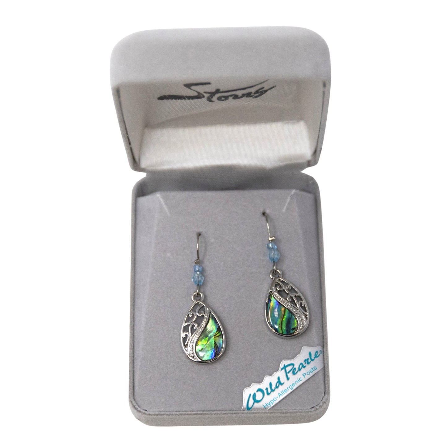 Teardrop-shaped earrings in a branded box with 'Wild Pearle' label.