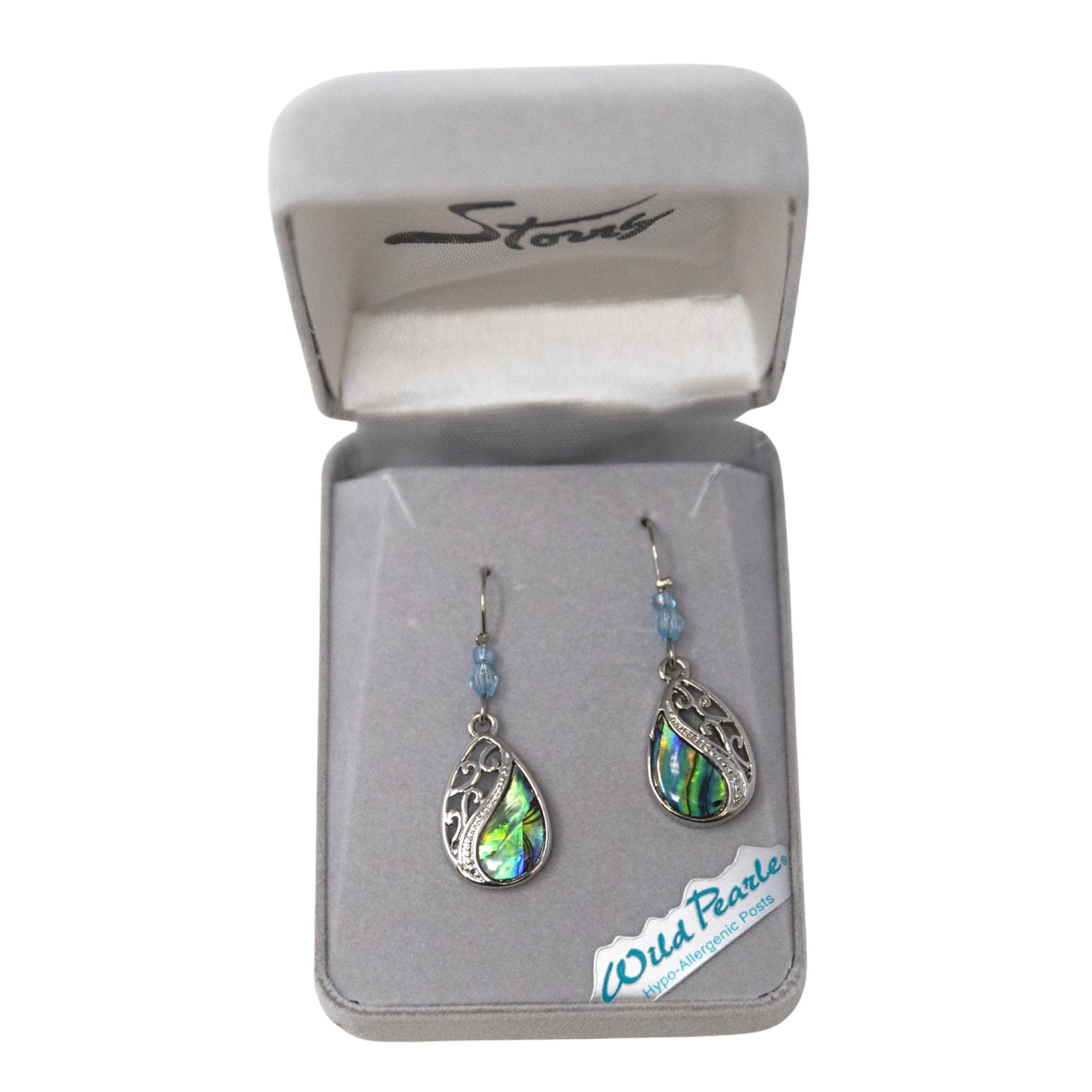 Teardrop-shaped earrings in a branded box with 'Wild Pearle' label.
