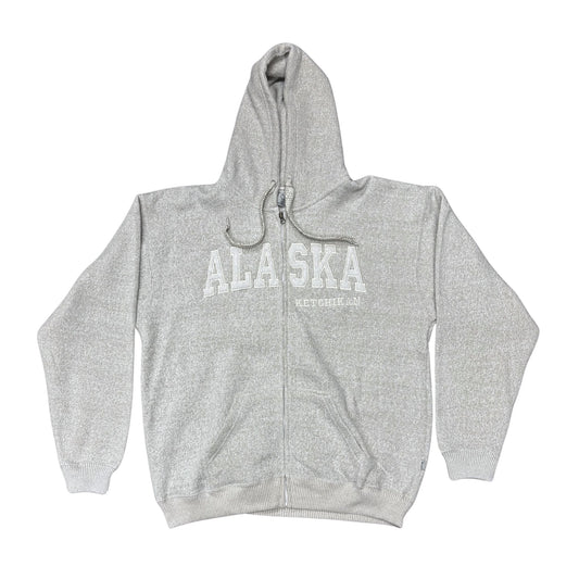 Gray zip up hoodie with 'Alaska' printed 