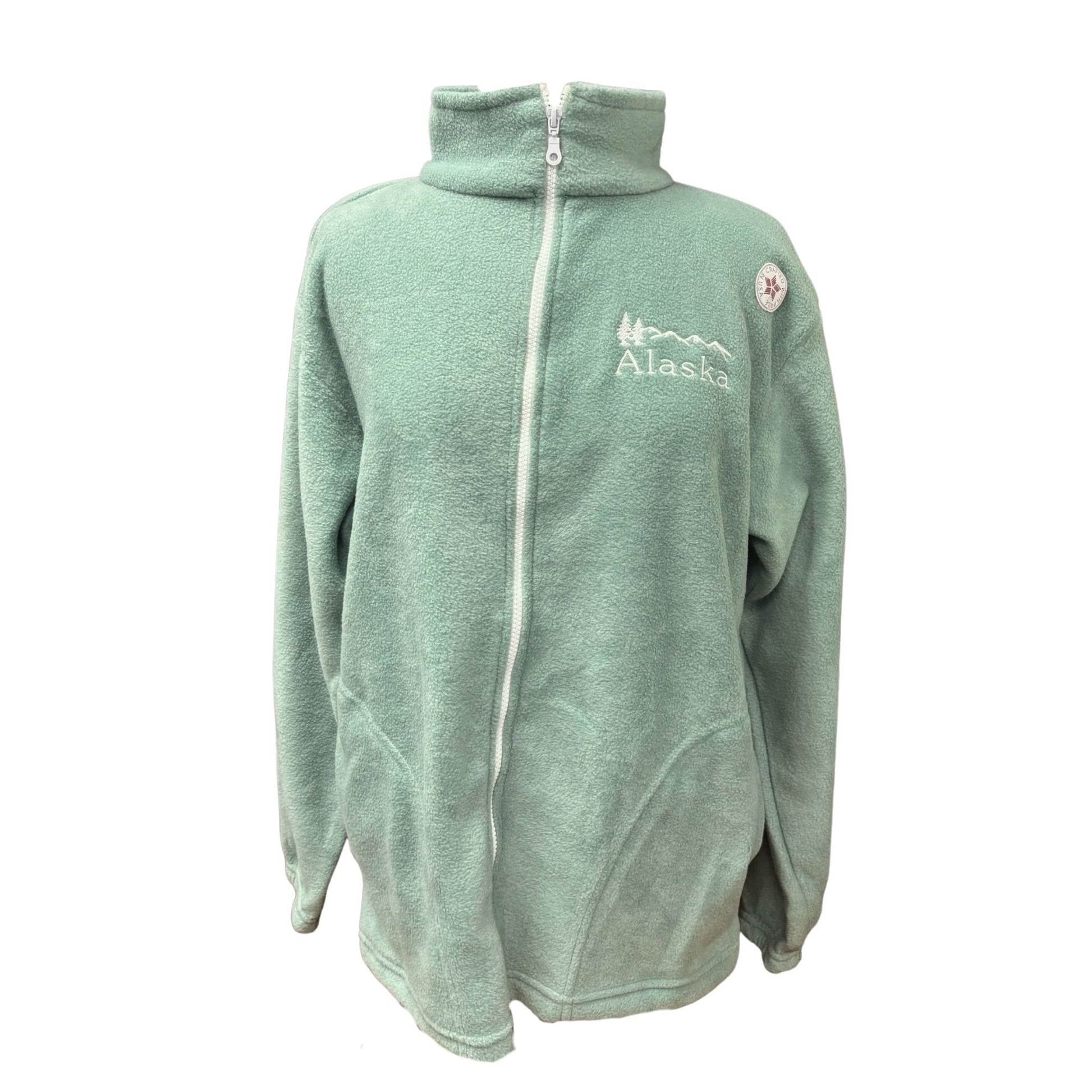 Green fleece jacket with 'Alaska' text on a white background