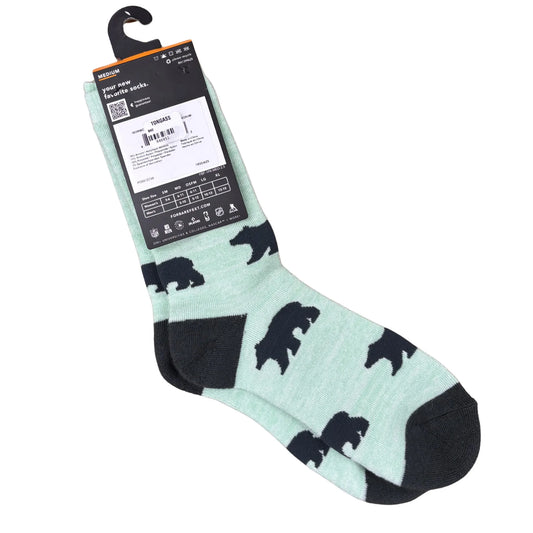 Light blue socks with black bear pattern on a white background