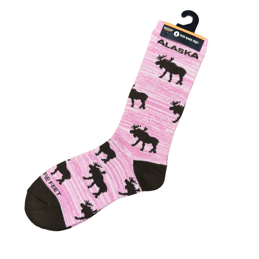 Pink sock with brown moose patterns and 'Alaska' text