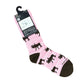 Pink sock with brown moose pattern on a white background