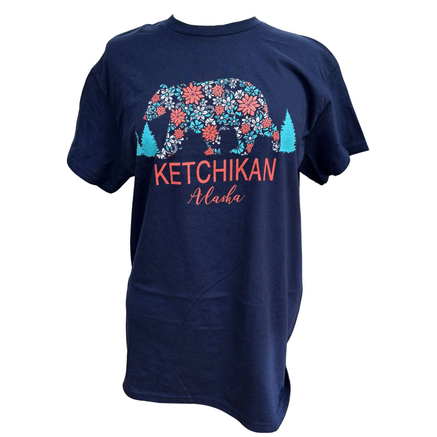Navy blue t-shirt with floral bear design and 'Ketchikan Alaska' text on a white background