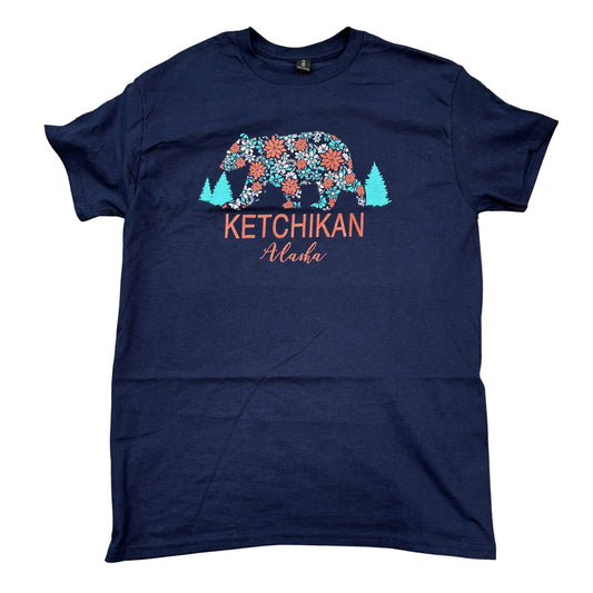 Navy blue t-shirt with floral bear design and 'Ketchikan Alaska' text on a white background