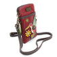 Side view of red crossbody bag with a colorful hummingbird design on a white background