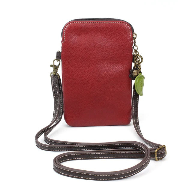 Red leather crossbody bag with a strap on a white background