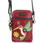 Red crossbody bag with a colorful hummingbird design on a white background