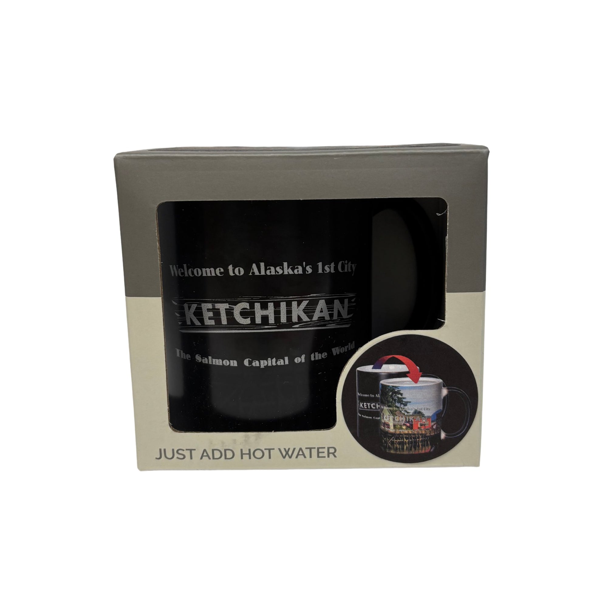 Black mug with 'Ketchikan' text in a branded box 